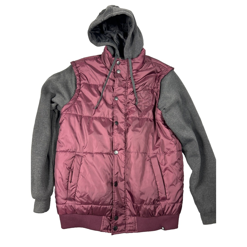 Zoo York Men's Jacket Large Mixed Material‎ Full Zip Snap Hooded Burgundy Logo
